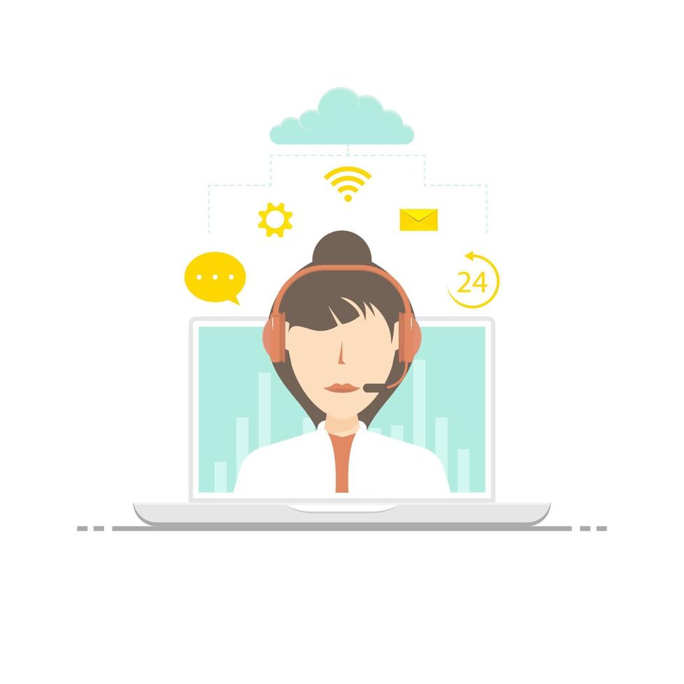 Flat cartoon design, Online customer service vector illustration, 24 hour online customer inquiry service center.
