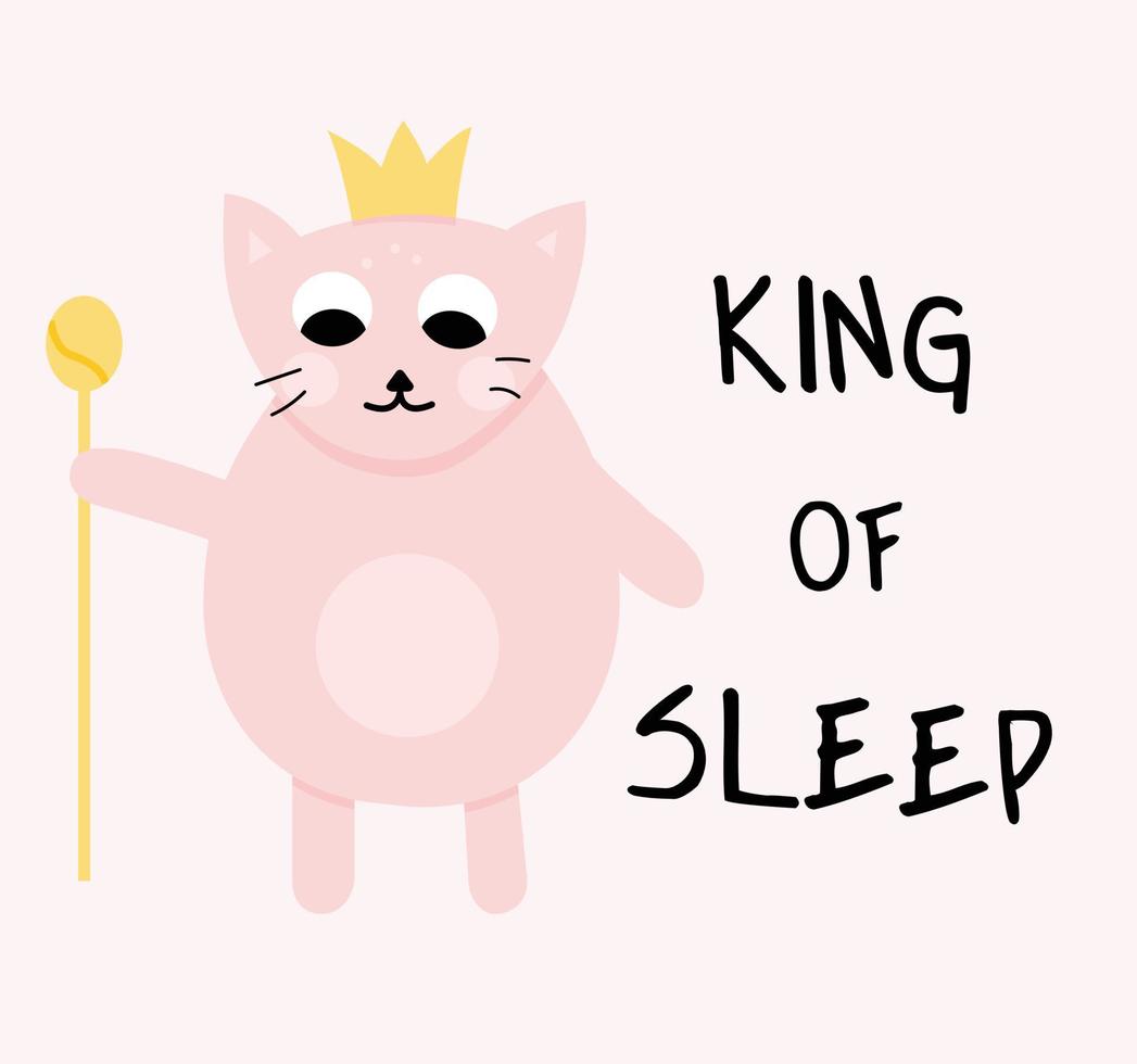 King of sleep pink cat with crown illustration for kids print. vector