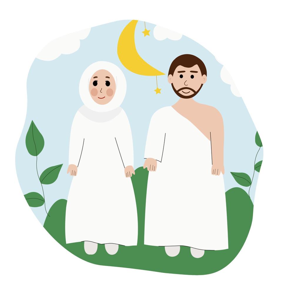 pareja musulmana en la ilustración del viaje umrah. viaje familiar hajj y umra. marido y mujer en makkah hajj. vector