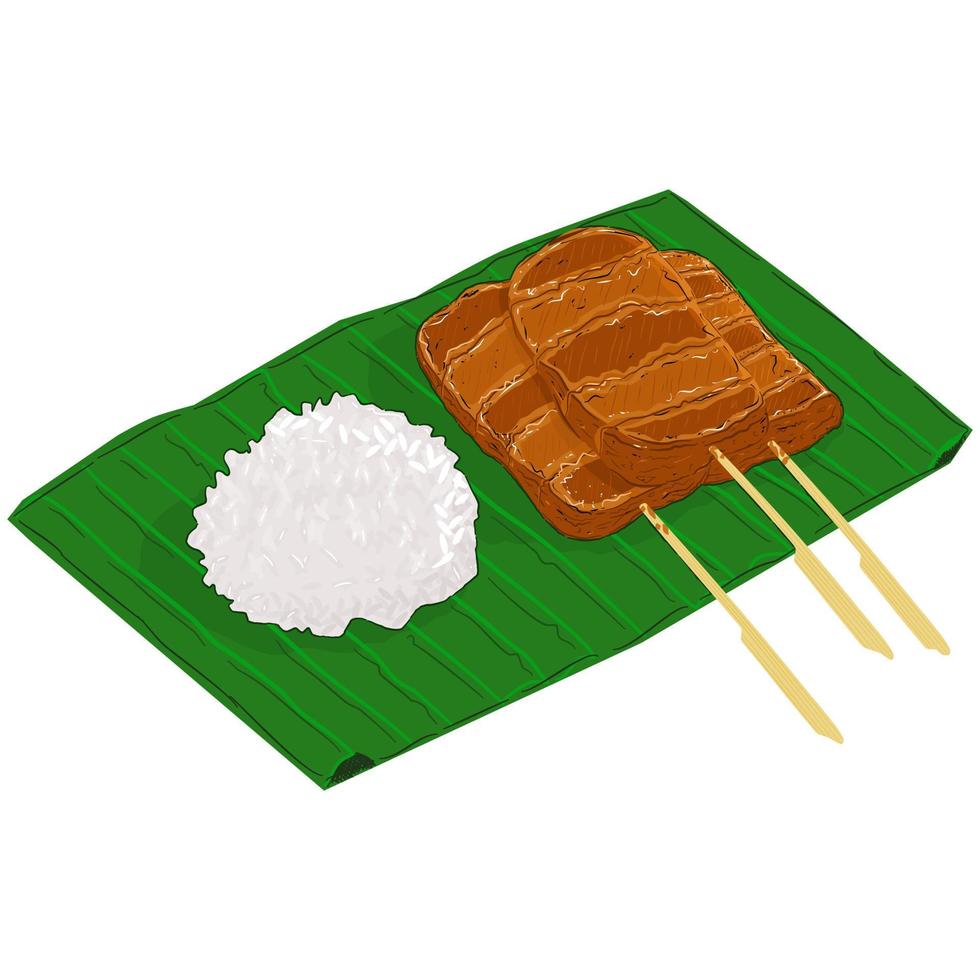 Thai food with sticky rice and grilled pork. Vector illustration.