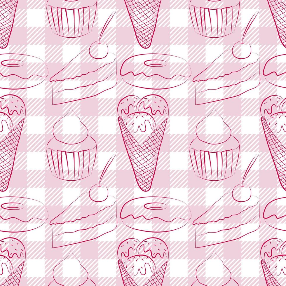 Seamless pattern with lines drawn dessert. Dessert and checkered background. Wrapping paper pattern. vector