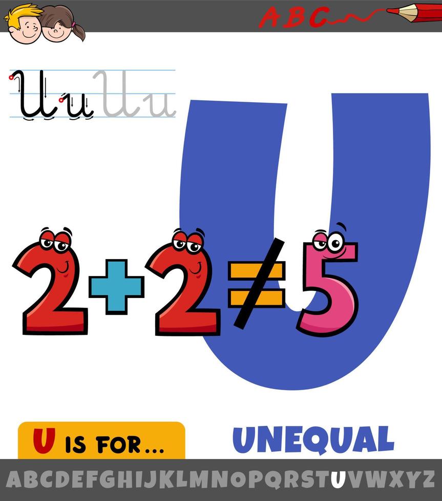 letter U from alphabet with cartoon illustration of unequal word vector