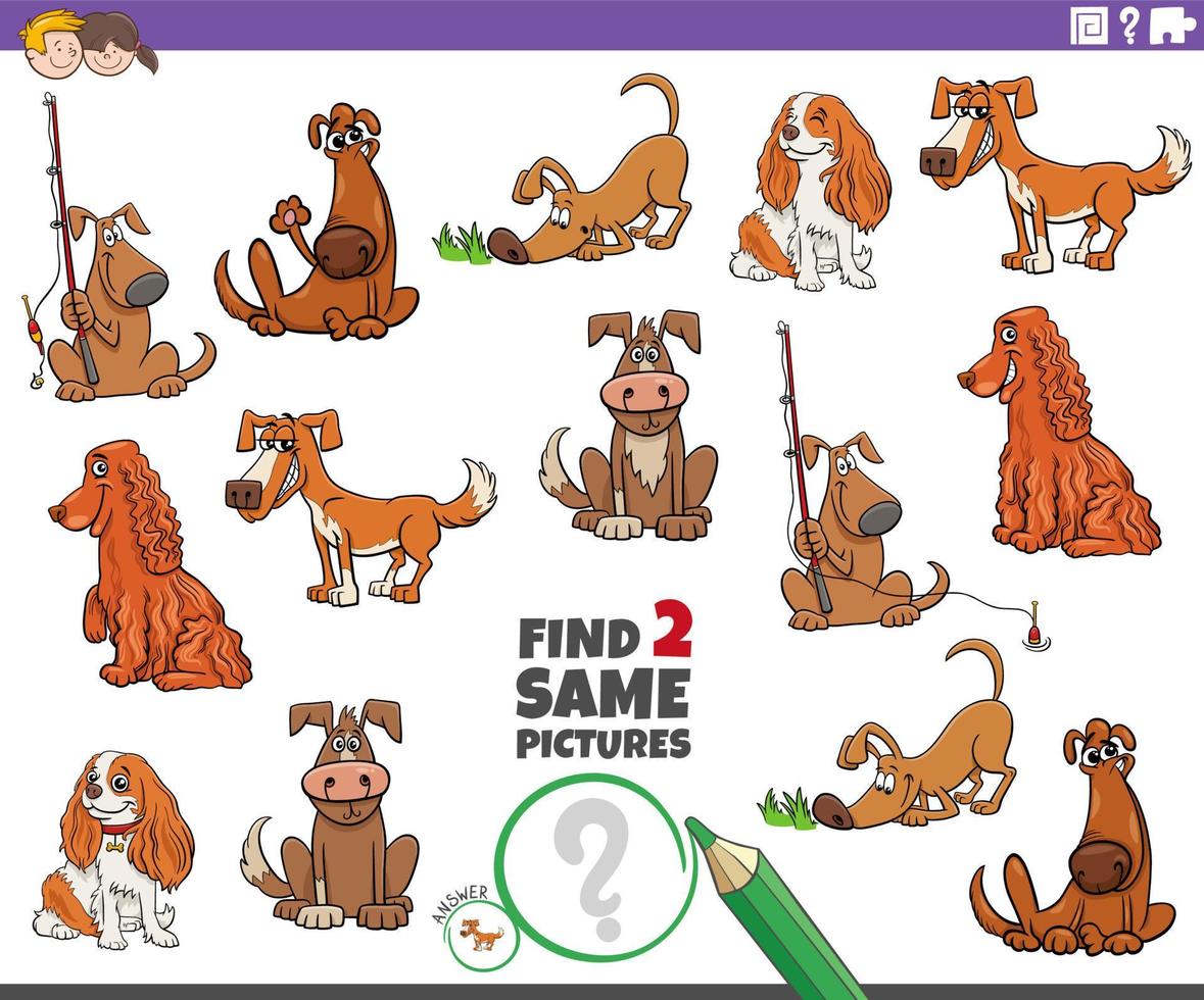 find two same cartoon dog characters educational task vector