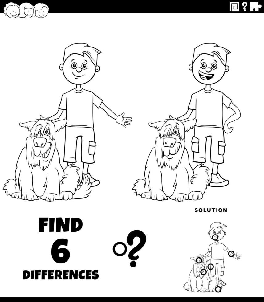 differences task with boy and his pet dog coloring page vector