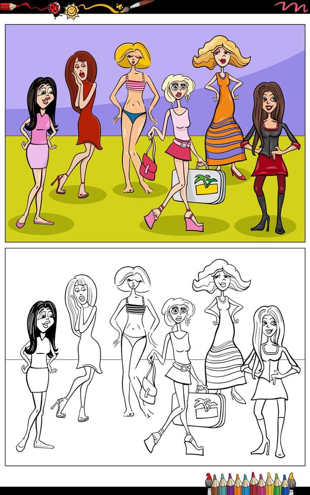 cartoon girls or women group coloring page vector