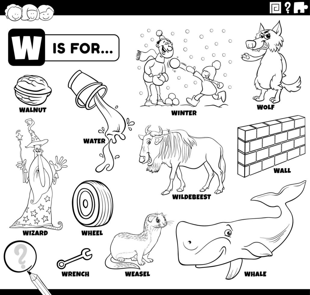 letter w words educational cartoon set coloring page vector