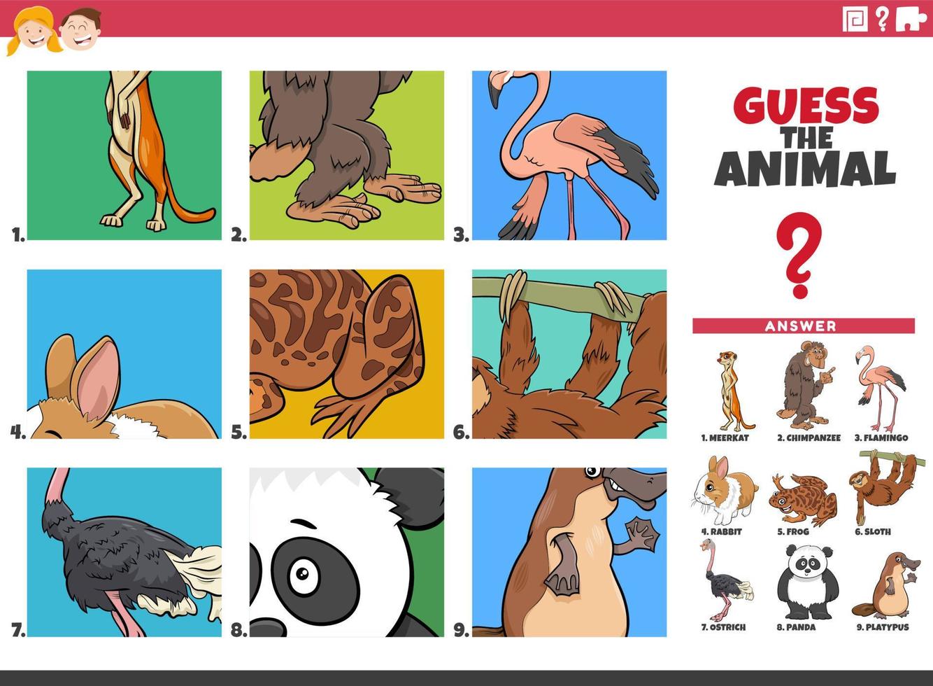 adivina el juego educativo de animales de dibujos animados para niños vector