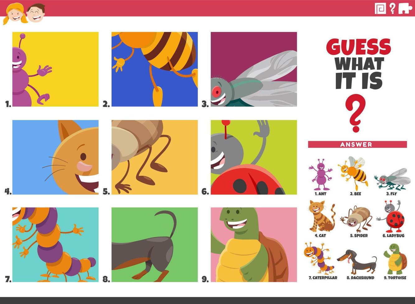 guess cartoon animal characters educational game vector