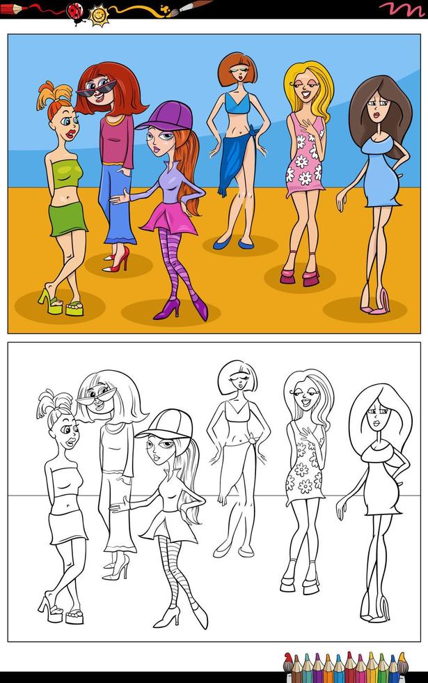 divertido, caricatura, niñas, o, mujeres, grupo, colorido, página vector