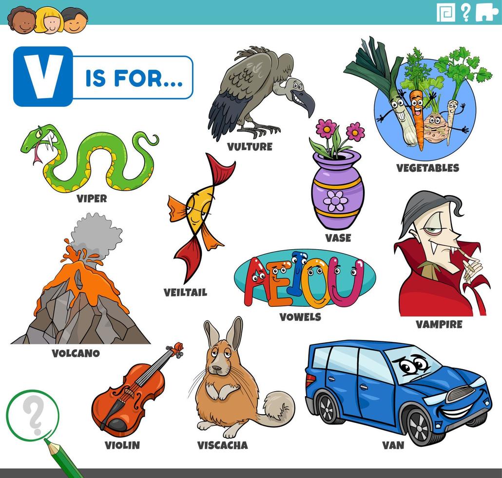 letter v words educational set with cartoon characters vector