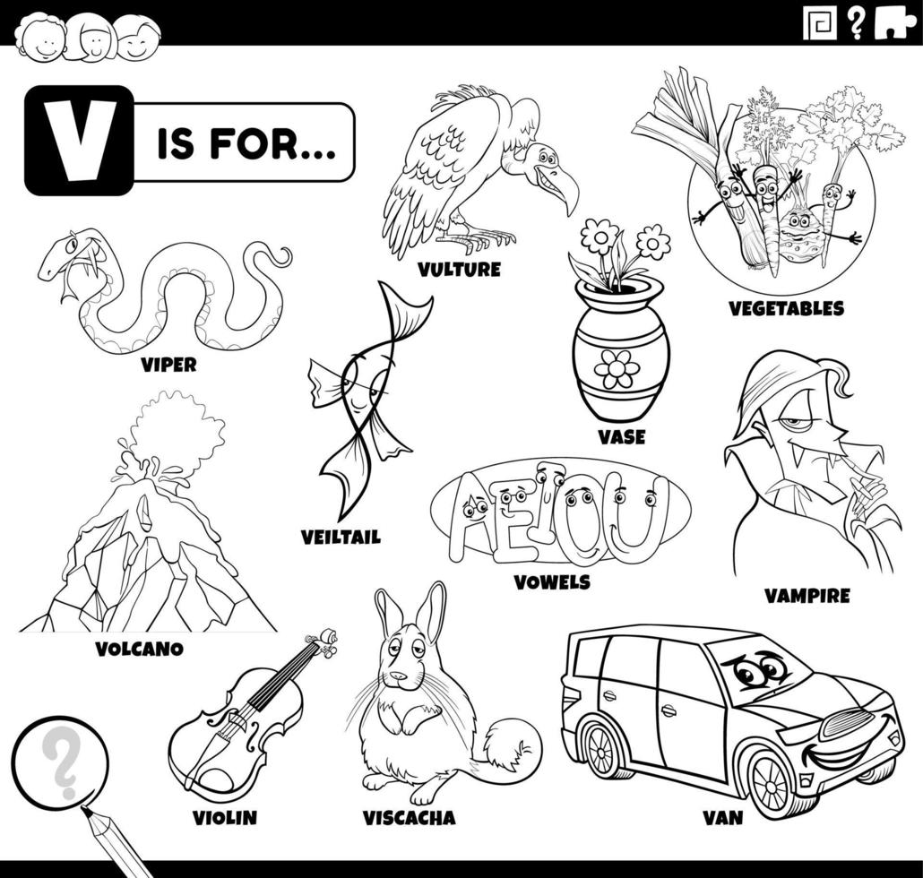 letter v words educational cartoon set coloring page vector