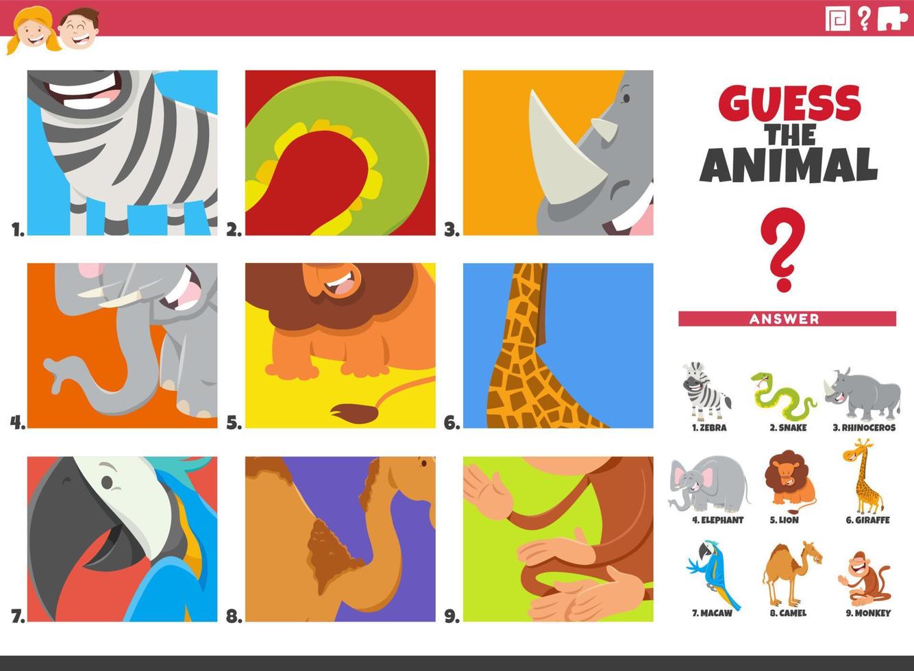 adivinar personajes de animales de dibujos animados juego educativo para niños vector