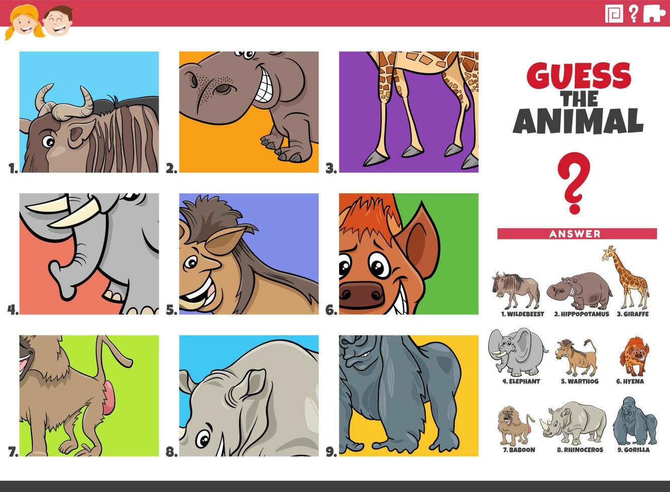 guess cartoon animal characters educational task vector