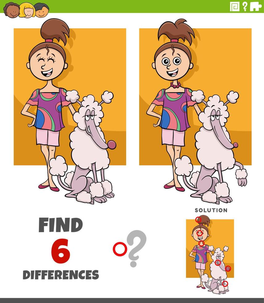 juego de diferencias con una chica adolescente de dibujos animados y su perro caniche vector