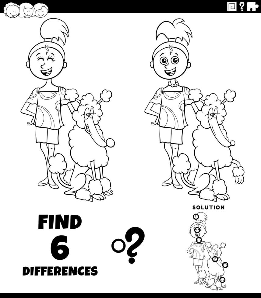 Juego de diferencias con una adolescente y su perro caniche para colorear, pintar e imprimir vector