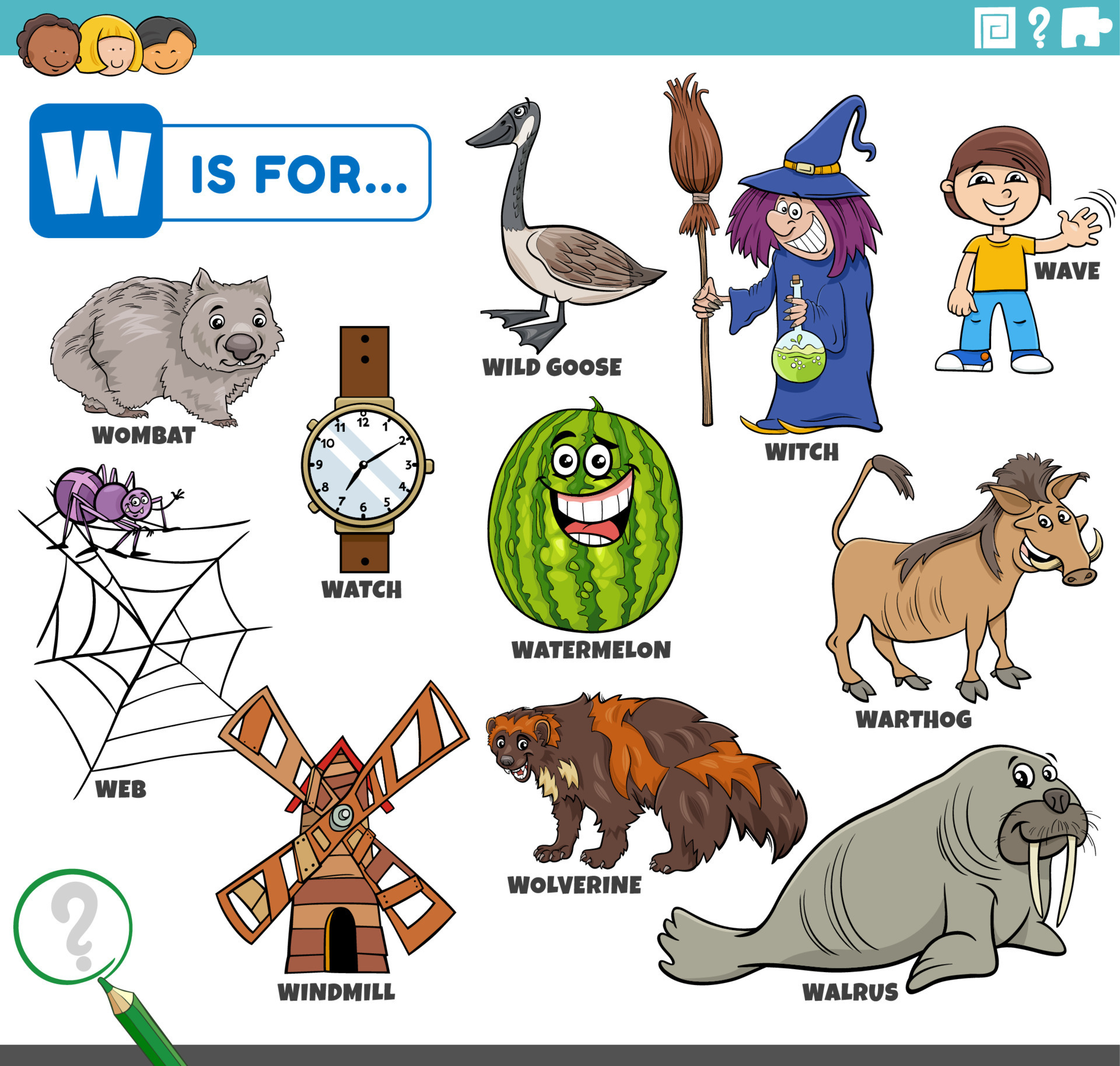 letter w words educational set with cartoon characters 8424143 Vector Art at Vecteezy letter w words educational set with cartoon characters 8424143 Vector Art at Vecteezy