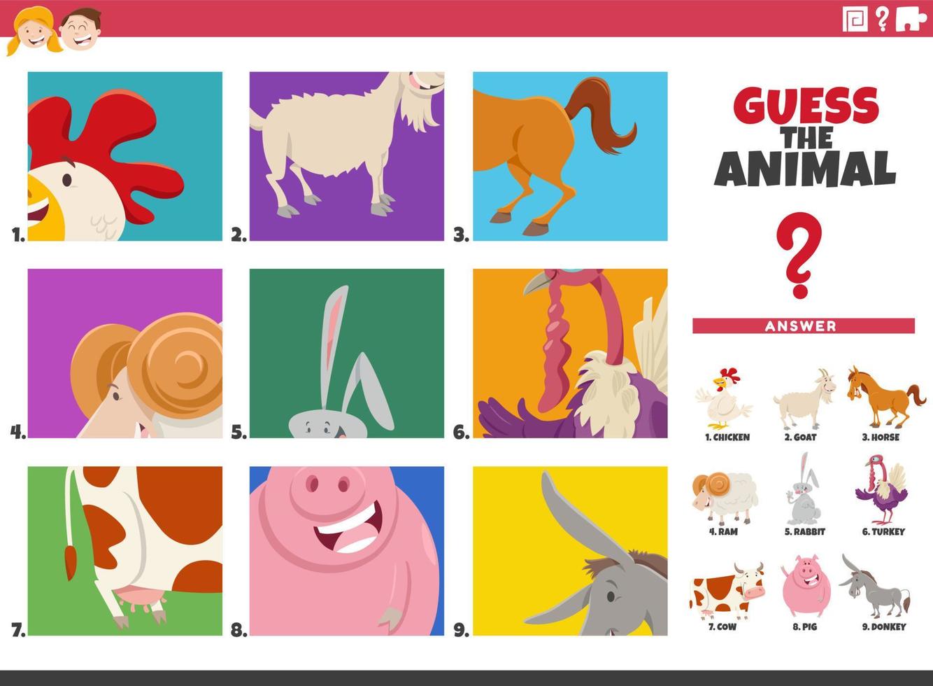 adivinar personajes de animales de dibujos animados juego educativo para niños vector