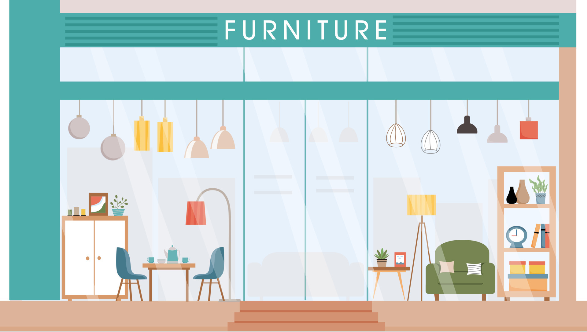 Furniture store facade. Modern furniture shop Vector illustration. Retail trail. Shop window
