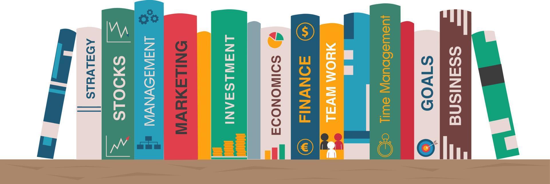 Bookshelf with business books.  Shelf with books about finance, marketing, management, strategy, goals, time management, team work. Banner for library, book store. Vector illustration in flat style.