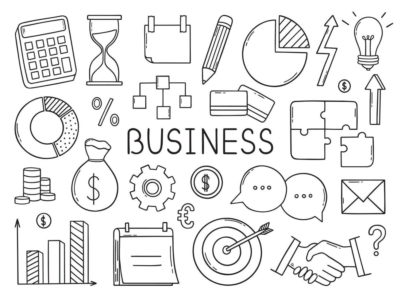 Hand drawn set of Business and finance doodle. Diagrams, money, calendar, handshake, calculator in sketch style. Vector illustration isolated on white background.