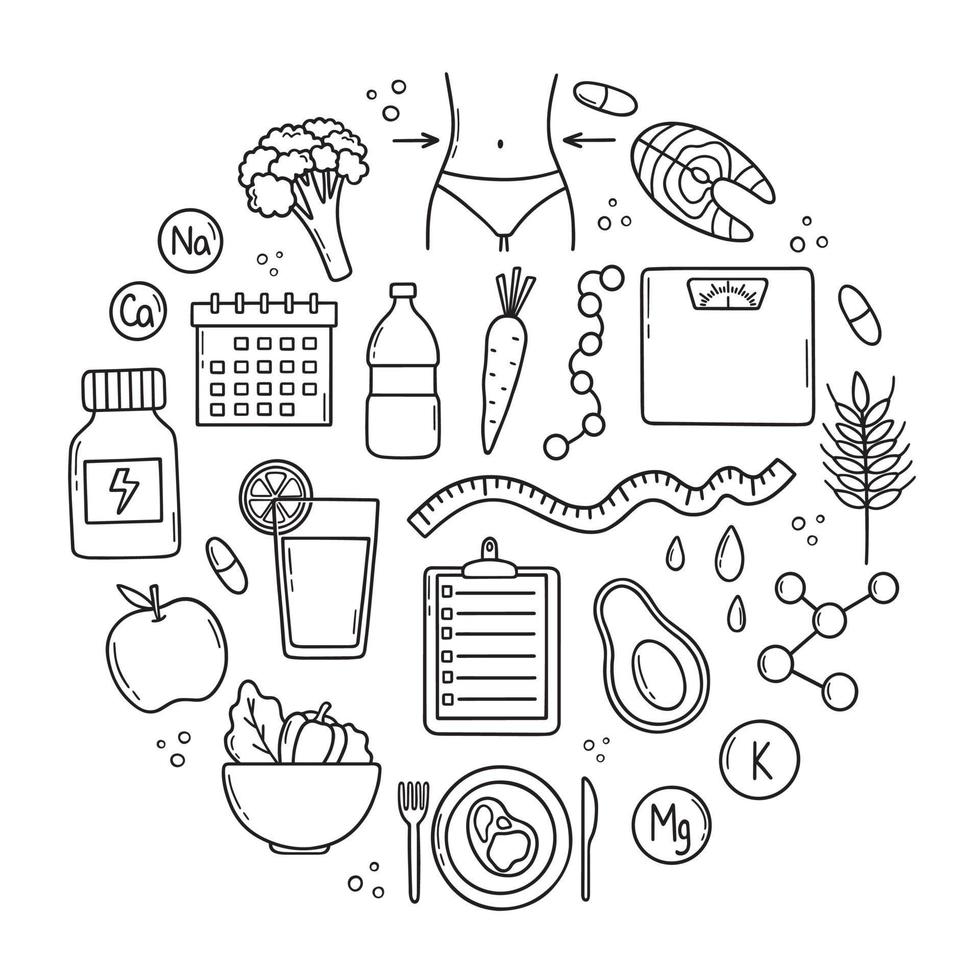 conjunto dibujado a mano de nutrición y dieta de desintoxicación doodle de alimentos. pérdida de peso. alimentos saludables y nutrientes en estilo boceto. ilustración vectorial aislado sobre fondo blanco. vector