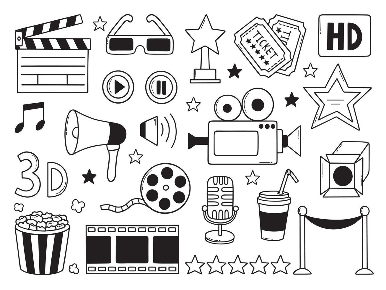 Hand drawn set of Cinema, film doodle. Movie elements in sketch style. Camera, film strip, popcorn, clapperboard, ticket. Vector illustration isolated on white background.