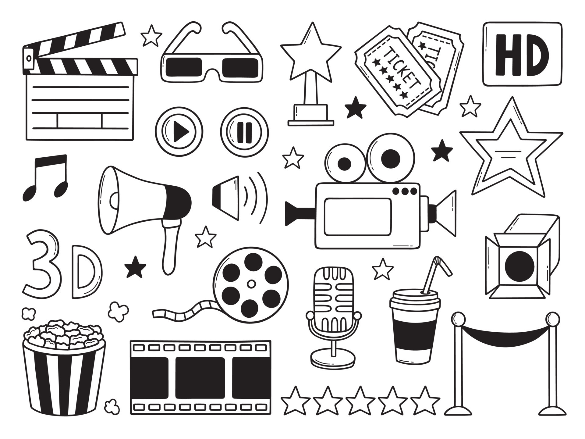 Hand drawn set of Cinema, film doodle. Movie elements in sketch