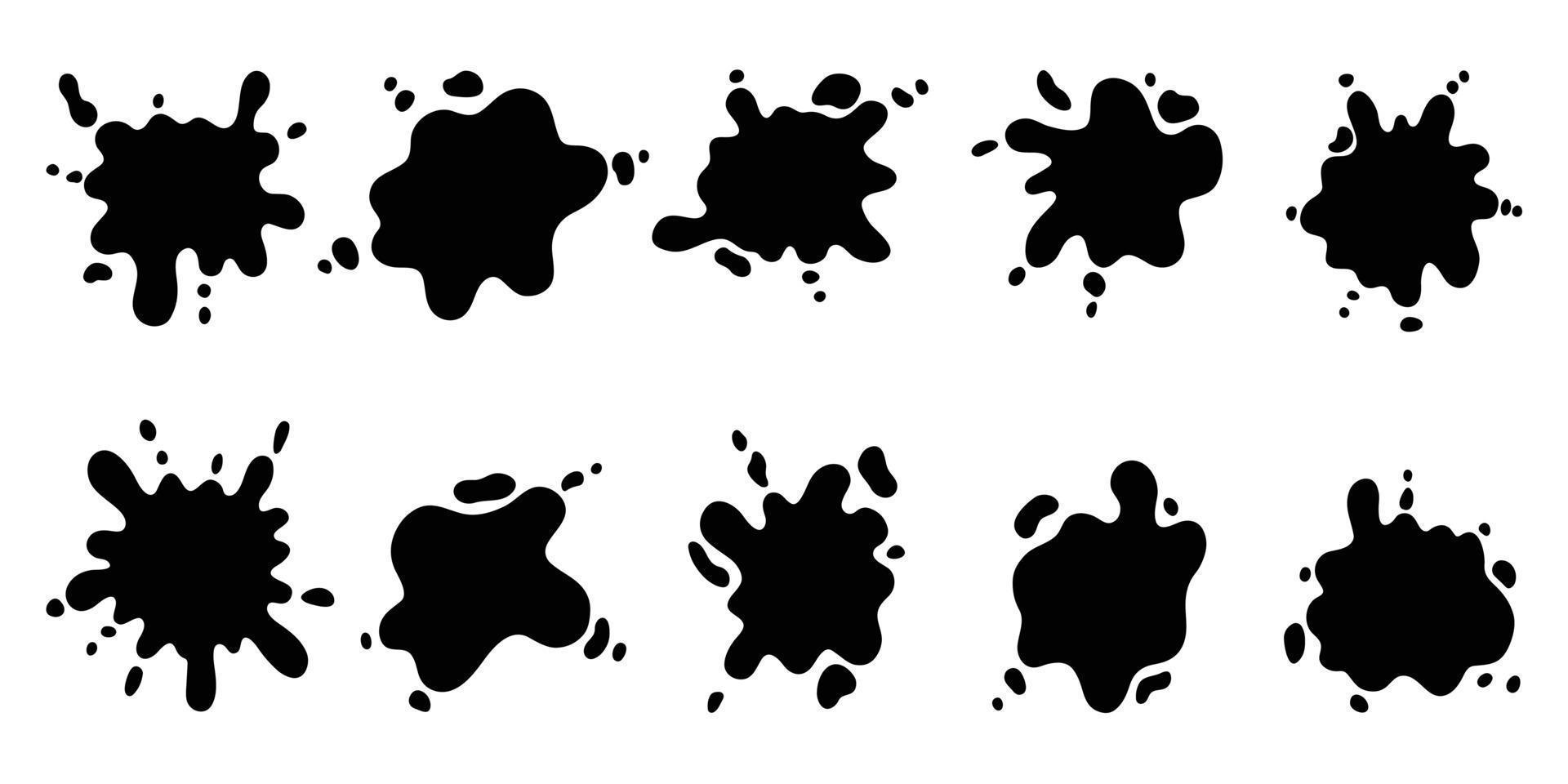 Hand drawn set of black paint splashes. Different shapes of Paint splatter and drops, ink blobs . Vector illustration isolated on white background.