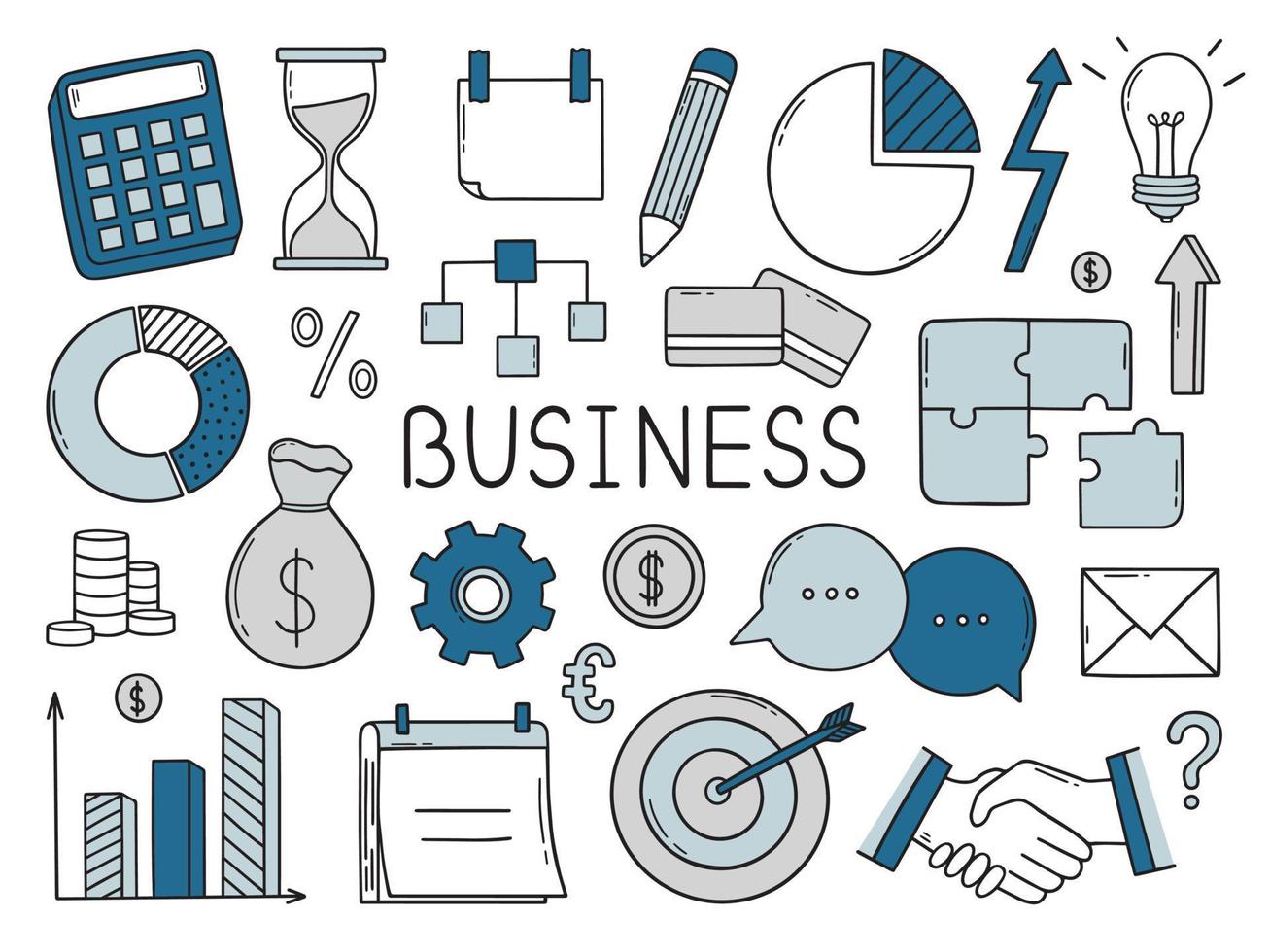 Hand drawn set of Business and finance doodle. Diagrams, money, calendar, handshake, calculator in sketch style. Vector illustration isolated on white background.