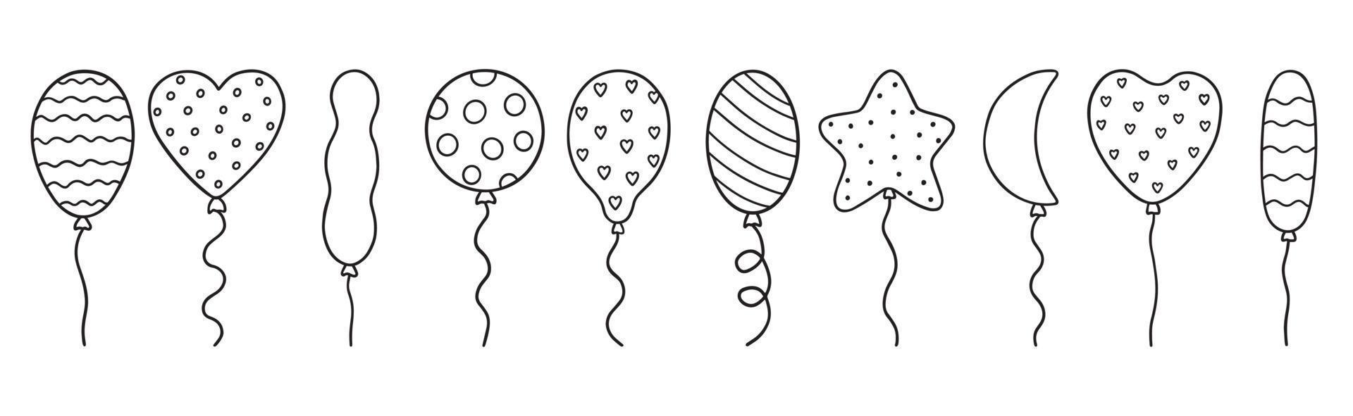 Hand drawn set of balloons doodle. Different shapes of balloons in sketch style. Vector illustration isolated on white background. For posters, greeting cards, birthday party decorations.