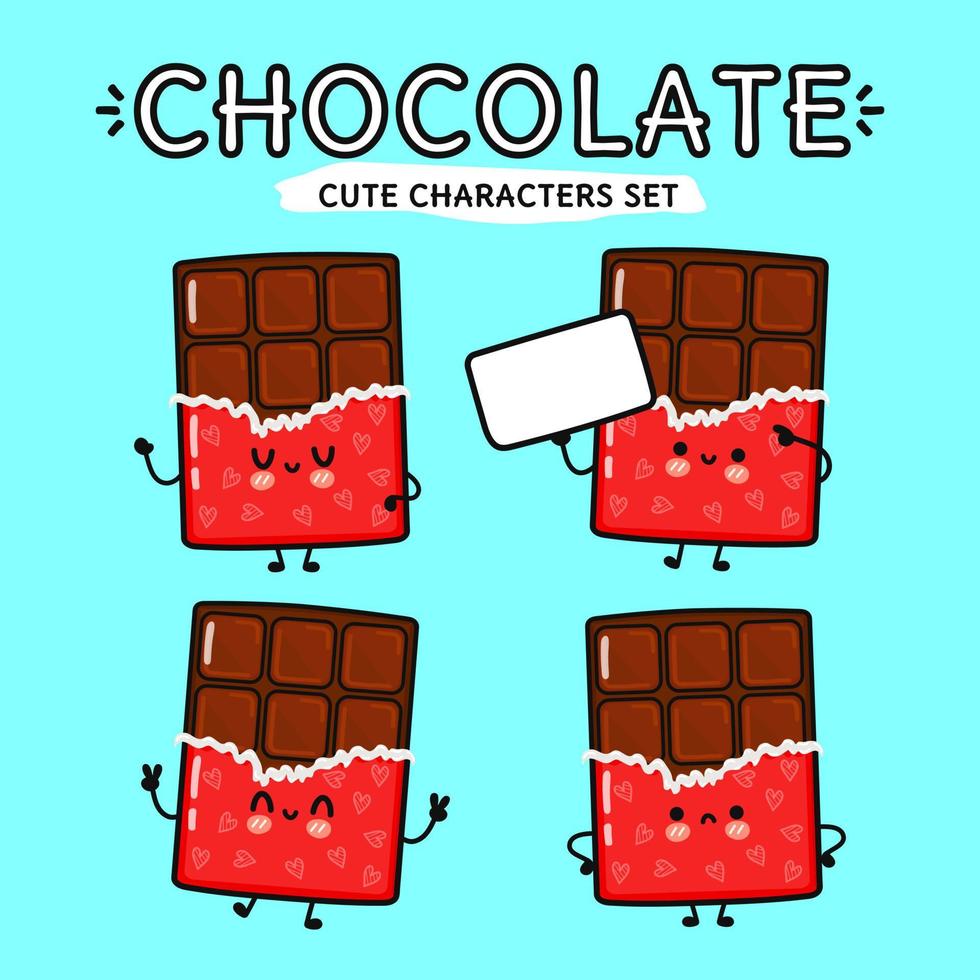 Funny cute happy chocolate characters bundle set. Vector hand drawn doodle style cartoon character illustration icon design. Isolated on blue background. Cute chocolate mascot character collection