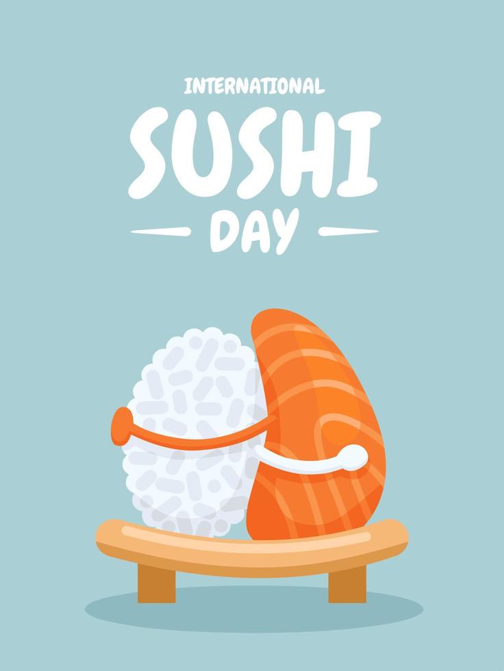 Vector illustration, cartoon character, rice and tuna fish slices, international sushi day concept.