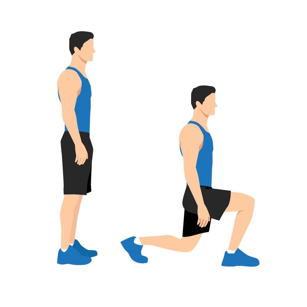 guía de ejercicios ilustrada por un hombre sano haciendo ejercicios de estocadas en 2 pasos para reafirmar las nalgas y las piernas. vector