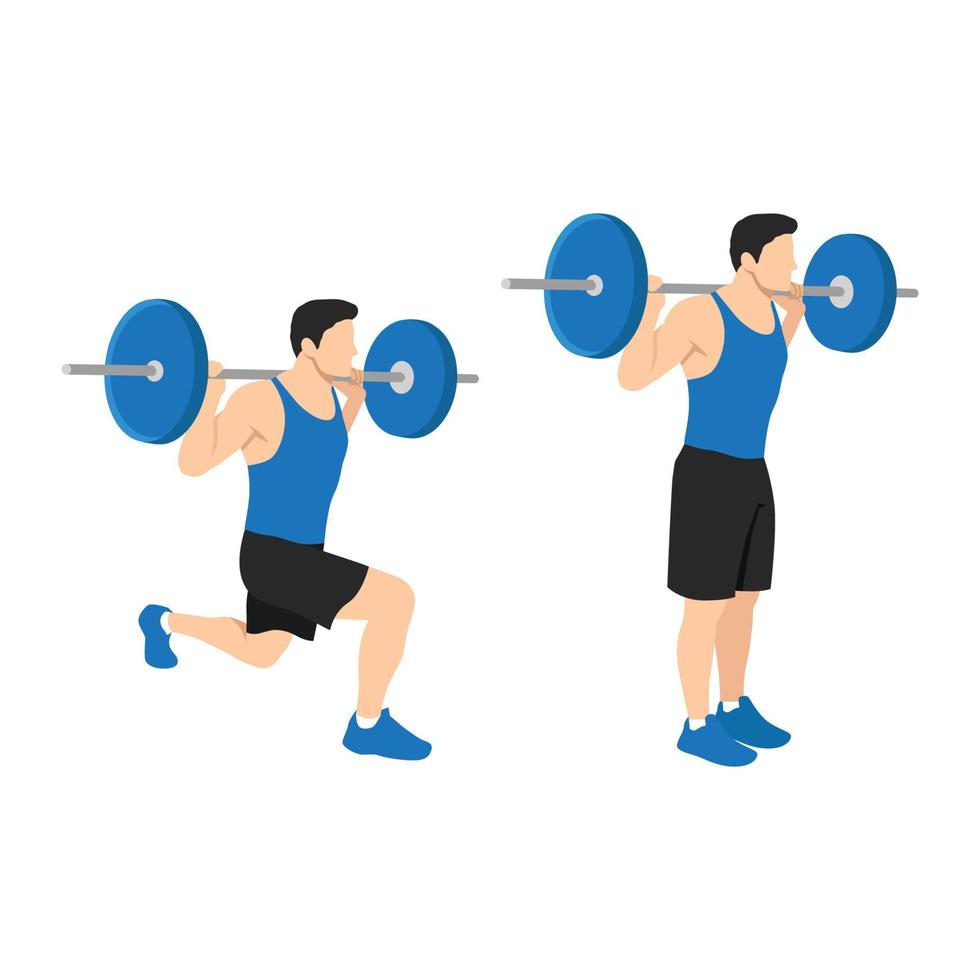 Man doing lunges with barbell flat vector illustration isolated on white background