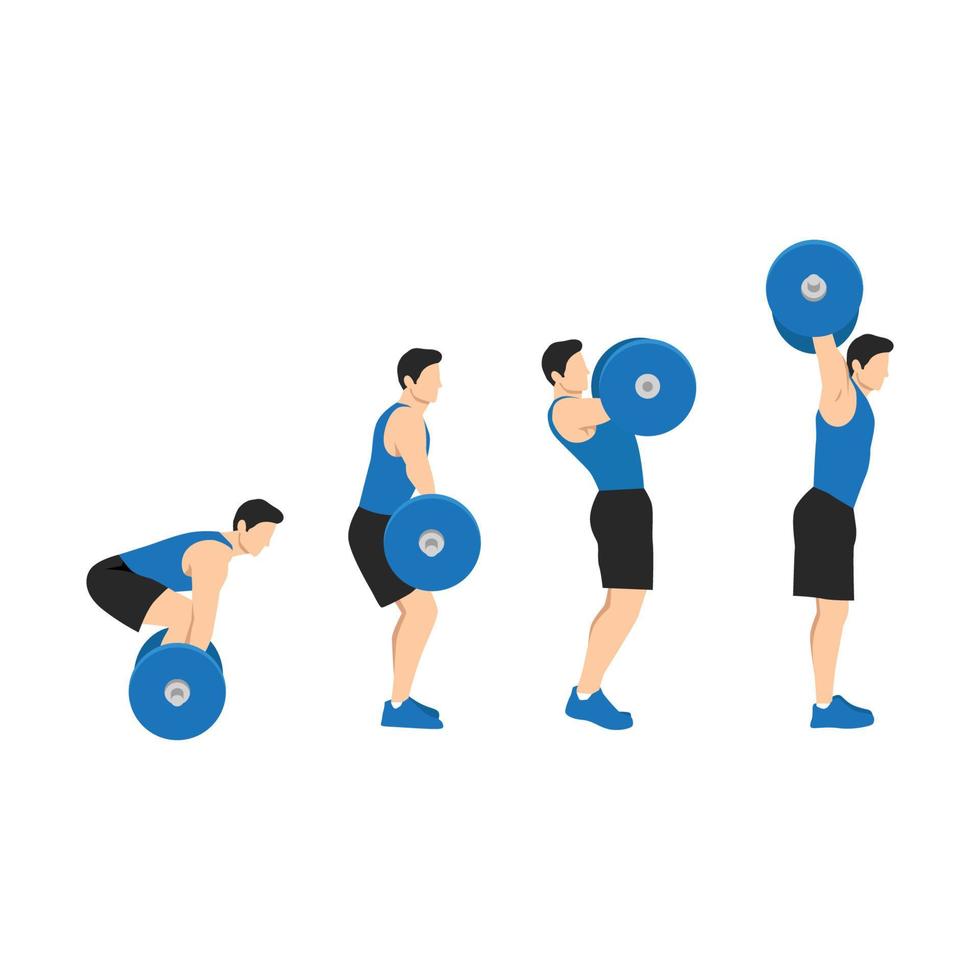 Man doing barbell power snatch exercise. Flat vector illustration isolated on white background