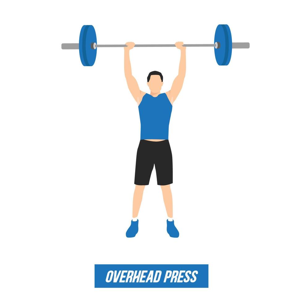 an athlete weightlifter performs a sports exercise overhead press with a barbell, in a graphic flat illustration vector
