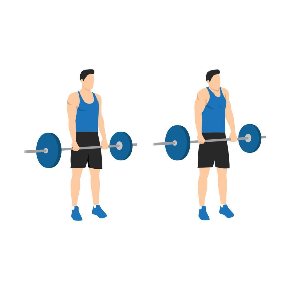 Sports silhouettes. Workout, man in shorts doing sport. shoulder Shrugs with weight. barbell holding vector