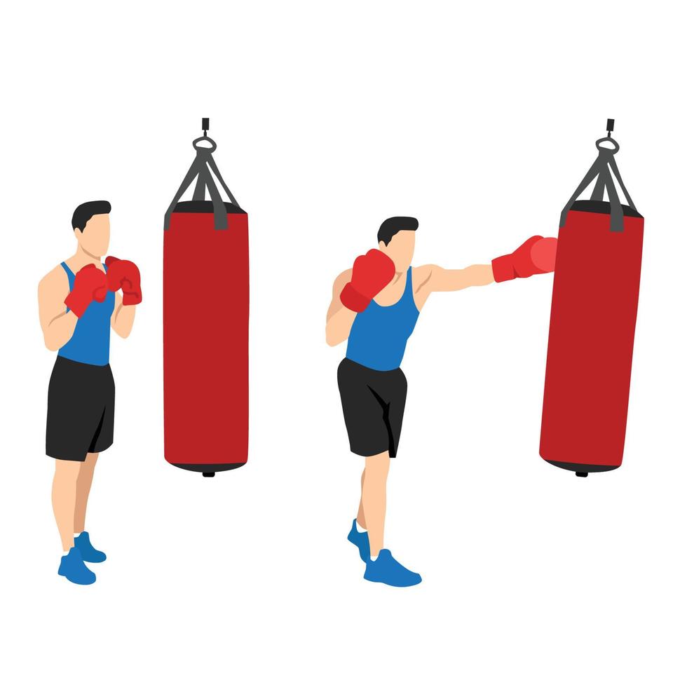 Fitness hombre practicando boxeo con bolsa de arena aislado sobre fondo blanco. vector