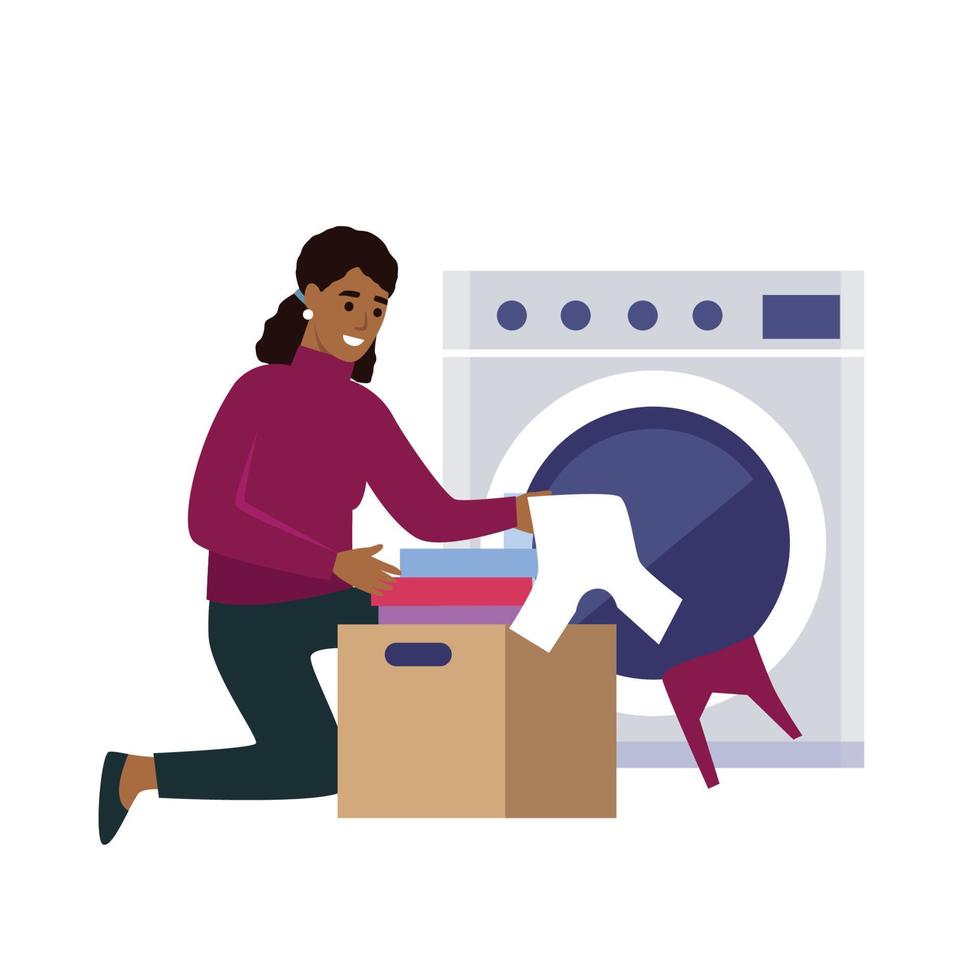 mujer afroamericana lavando la ropa en casa. ilustración de vector de estilo plano aislado sobre fondo blanco.