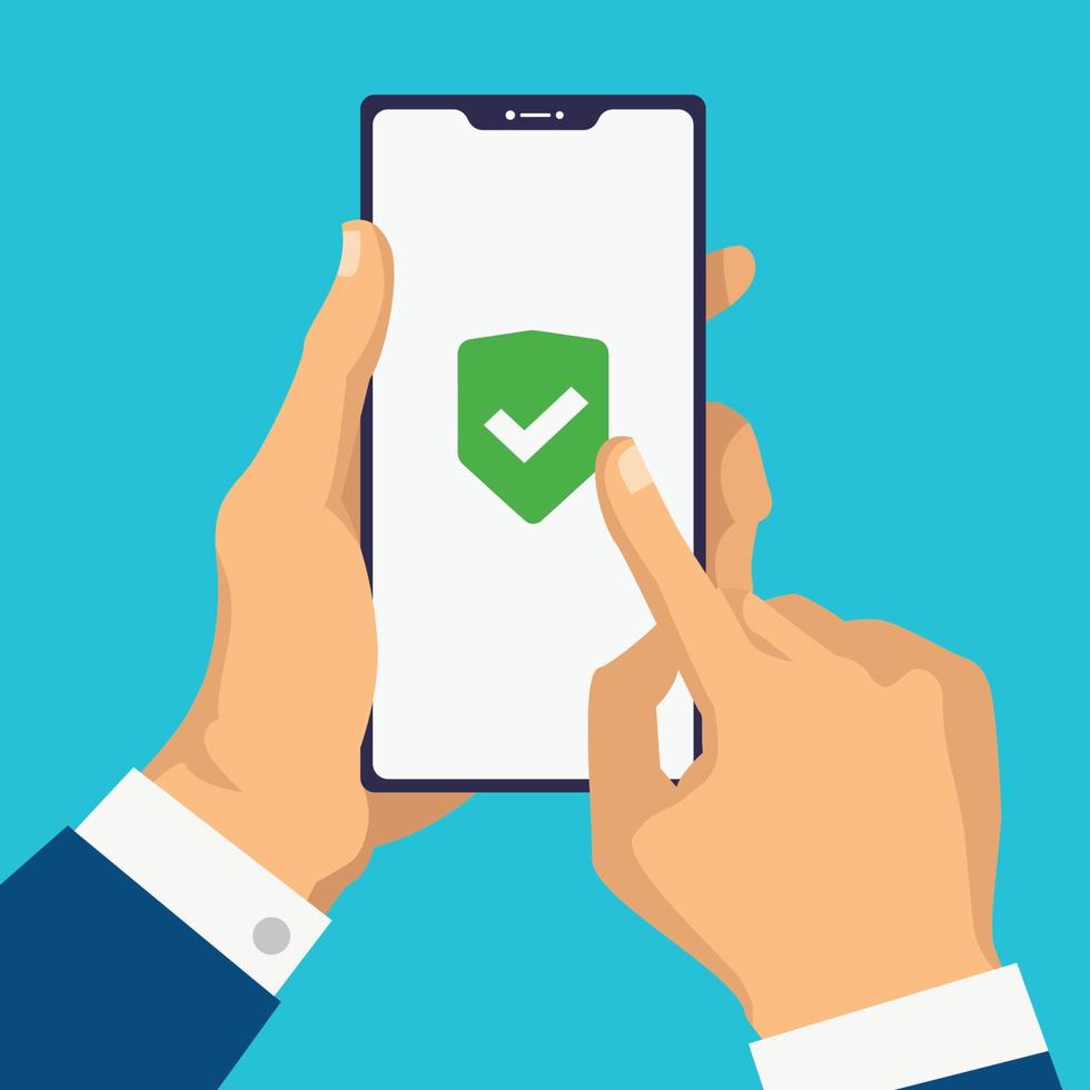 Green Shield on smartphone screen. Hand holds the smartphone and finger touches screen. Modern Flat design illustration. template vector