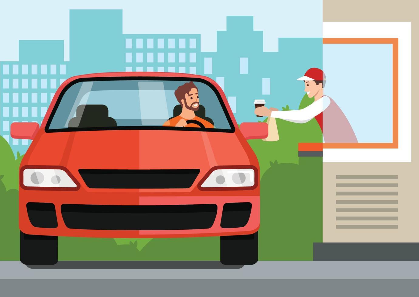 Driver in car takes fast food order at Drive Thru counter. Vector illustration of distance service scene in coronavirus pandemic, infection prevention