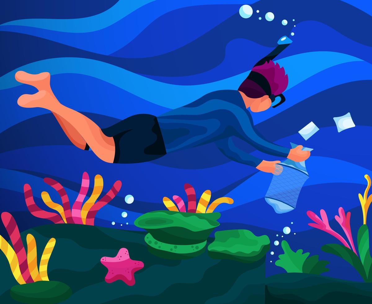 los buzos que nadan bajo el agua toman basura plástica, preservan la belleza de los arrecifes de coral, una ilustración para conmemorar el día mundial de los océanos vector