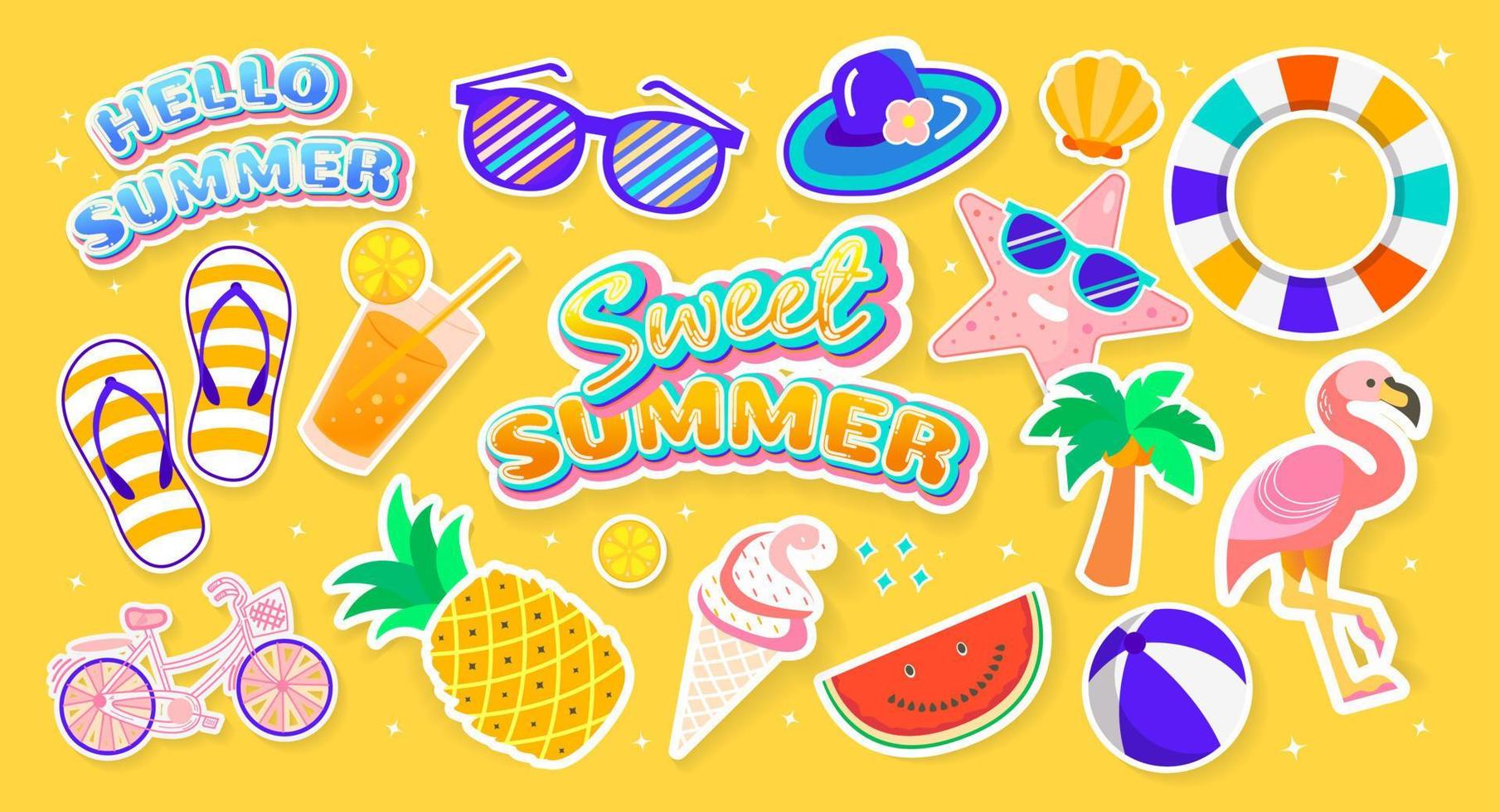 Hand drawn cartoon summer sticker set vector