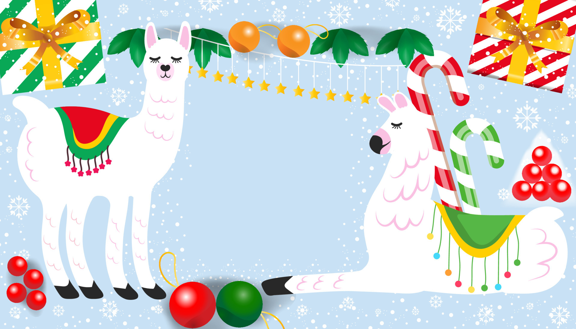 cute christmas background with llama alpaca character, vector graphic