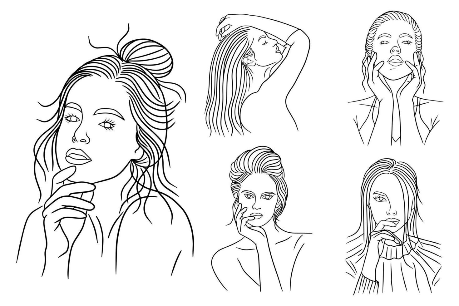 Set Bundle Line Art Drawing Simple Women Modeling Head and Face Pose Hand Drawn vector