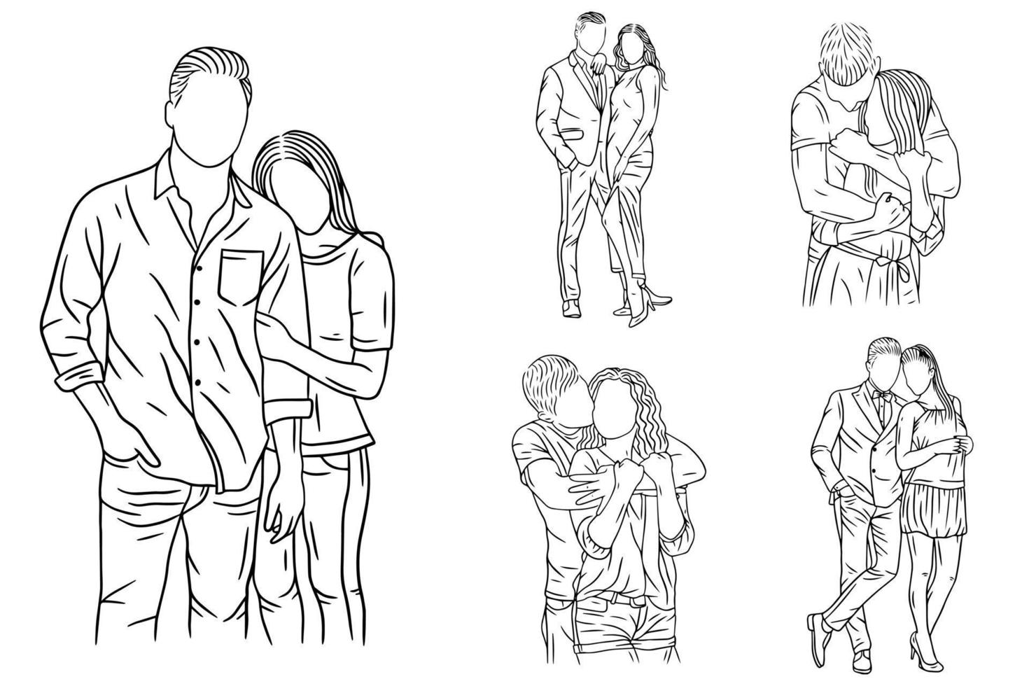 Set Bundle Line Art Drawing Simple Couple Fall in Love Happy Cute Hand Drawn vector