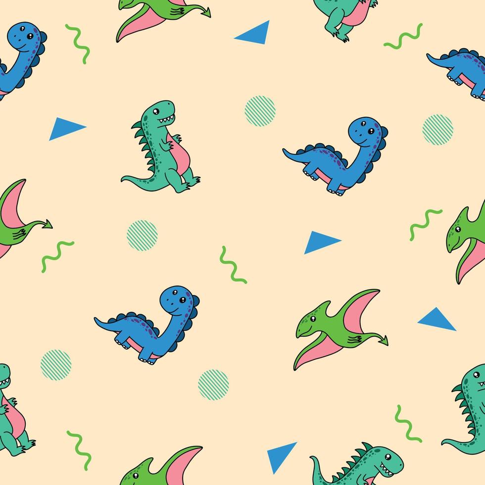 cute many colorful dinosaur animal seamless pattern colorful object wallpaper with design light cream. vector