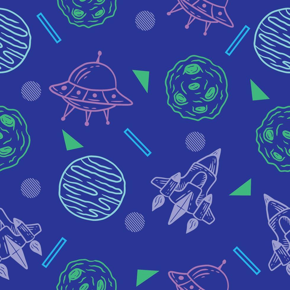 cute vector line rocket and outer space seamless pattern colorful object wallpaper with design dark blue.