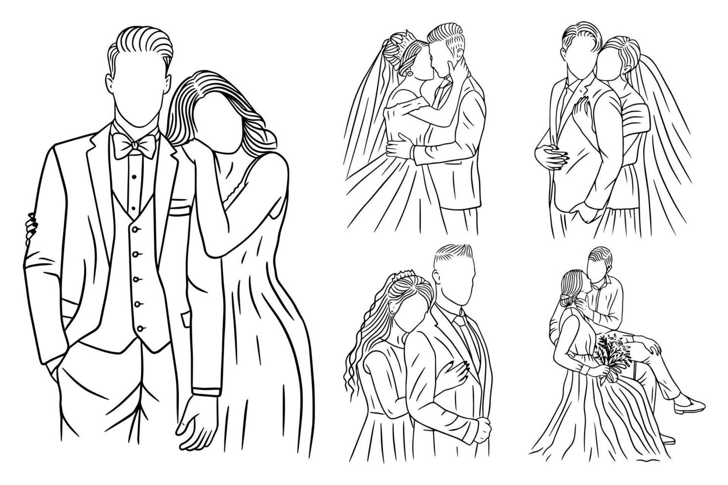 conjunto paquete línea arte dibujo simple amor pareja boda feliz dibujado a mano vector