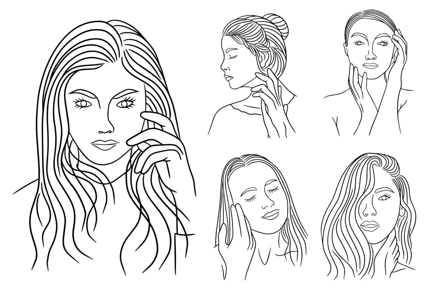 Set Bundle Line Art Drawing Simple Women Modeling Head and Face Pose Hand Drawn vector